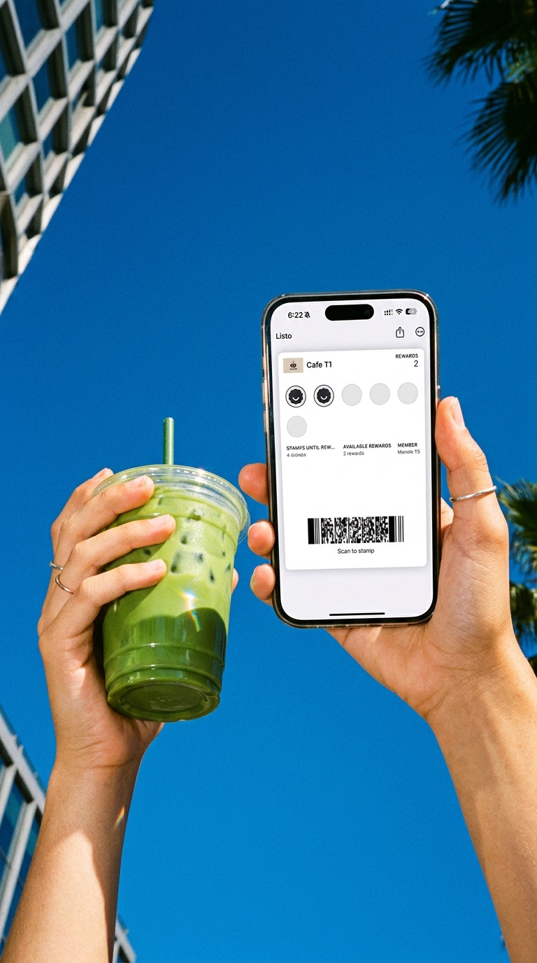 Customer holding a drink and showing their Scrip loyalty pass on iPhone